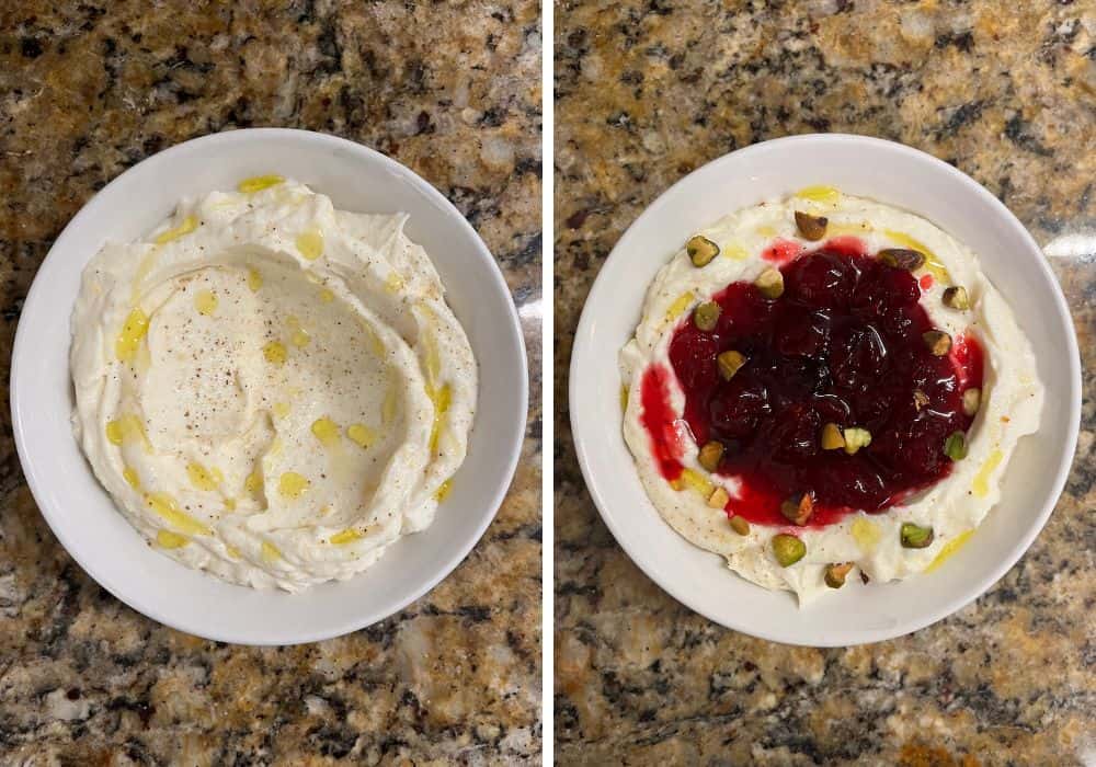 two photos; one shows the whipped ricotta spread into a dip bowl. It's been sprinkled with salt and pepper and drizzled with olive oil. The other photo shows cranberry sauce spooned over the ricotta, and pistachio nuts sprinkled over the top.