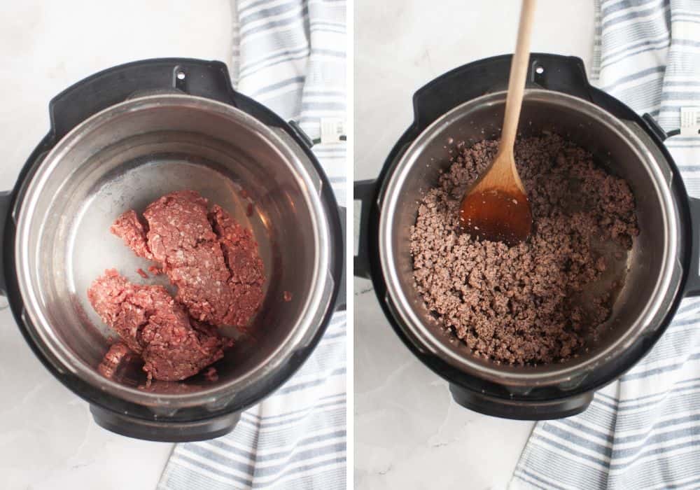 two photos; one shows raw ground beef in the Instant Pot, the other shows the beef browned and broken apart.