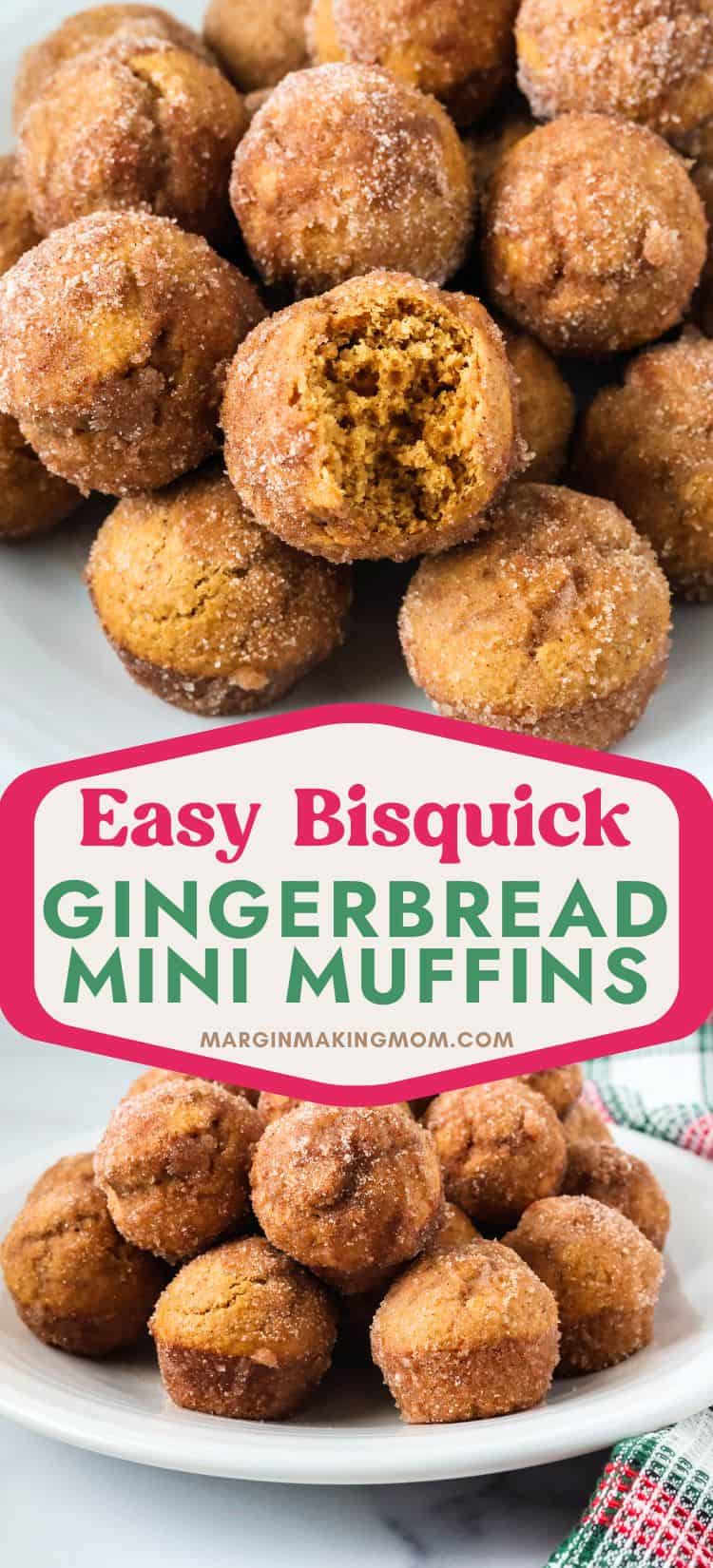 two photos; one shows Christmas gingerbread donut holes, with one having a bite taken out of it; the other shows the donut mini muffins on a white plate.