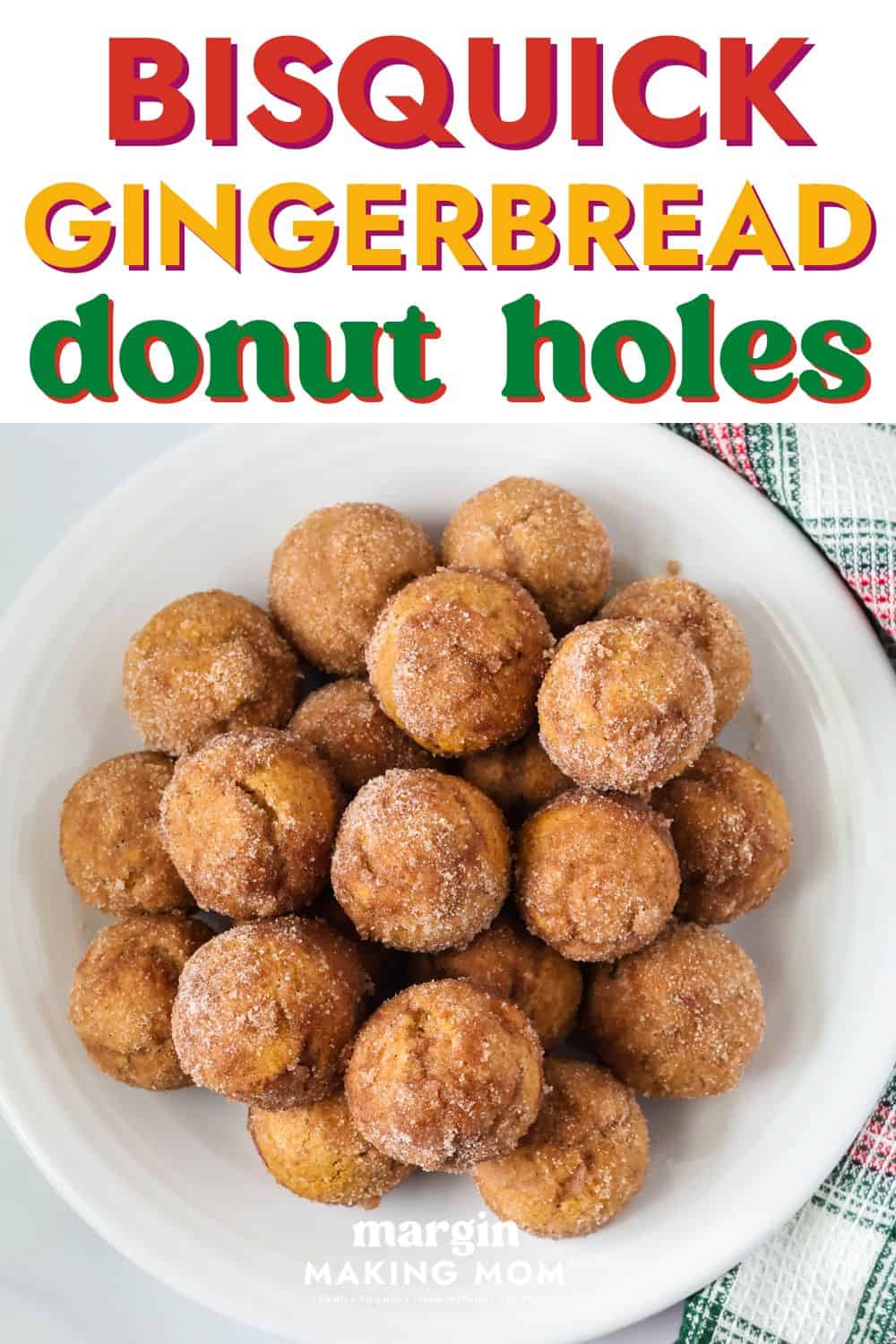 overhead view of Bisquick gingerbread donut holes on a white plate