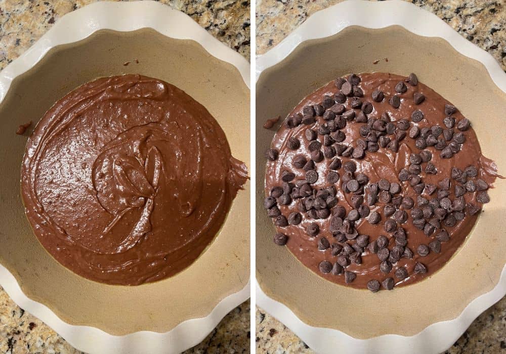 two photos; one shows chocolate batter spread in a pie pan; the other shows chocolate chips sprinkled on top.