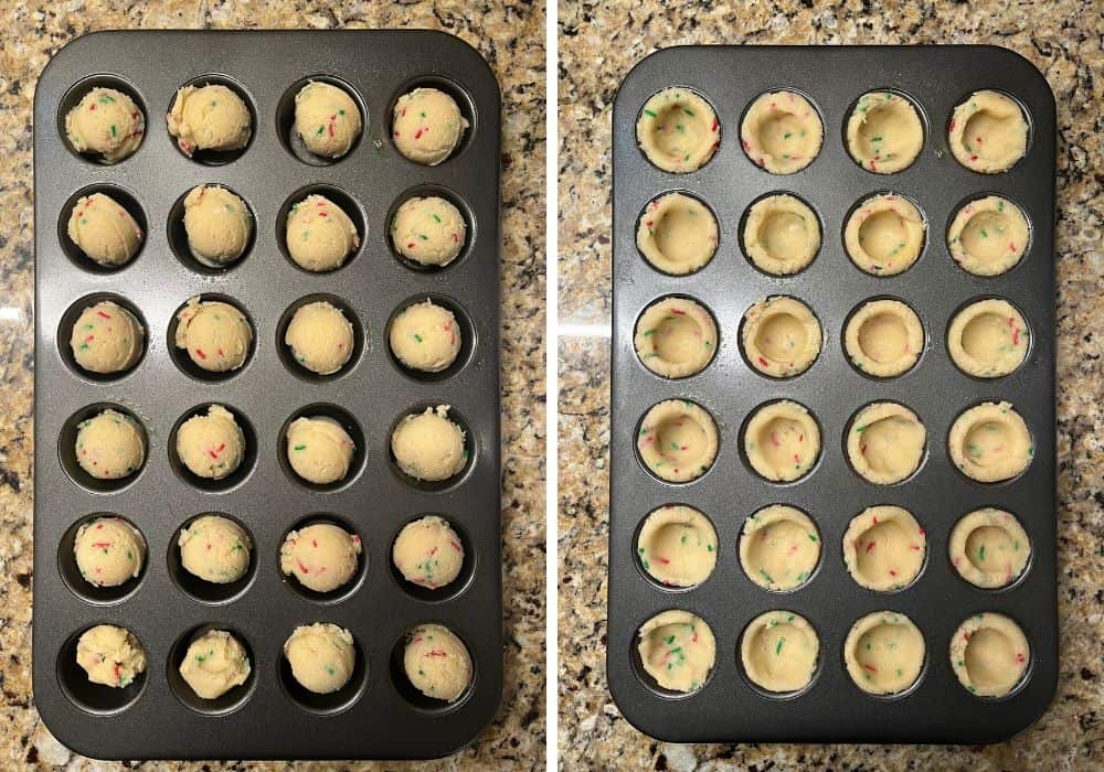 two photos; one shows rounds of cookie dough in a mini muffin pan; the other shows the rounds shaped into cups within the mini muffin pan.