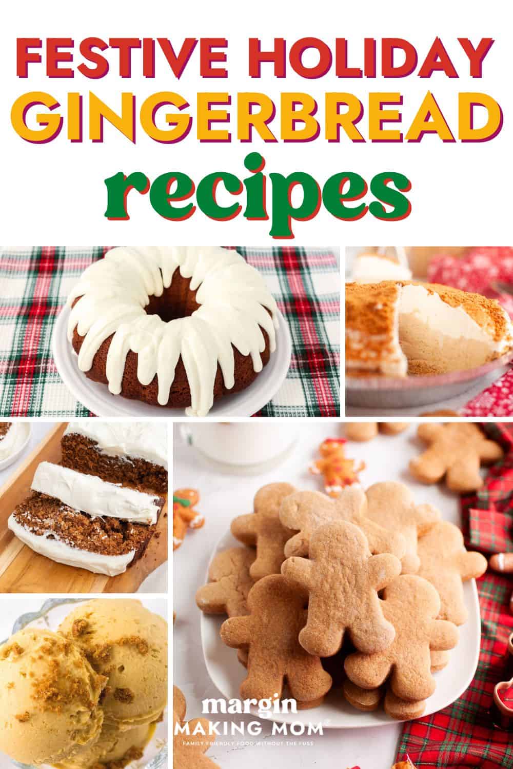 collage image featuring five photos of Christmas gingerbread recipes.