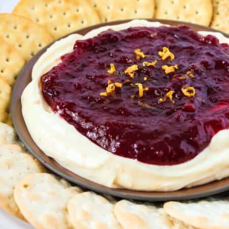 Close-up view of cranberry orange cream cheese dip surrounded by crackers.