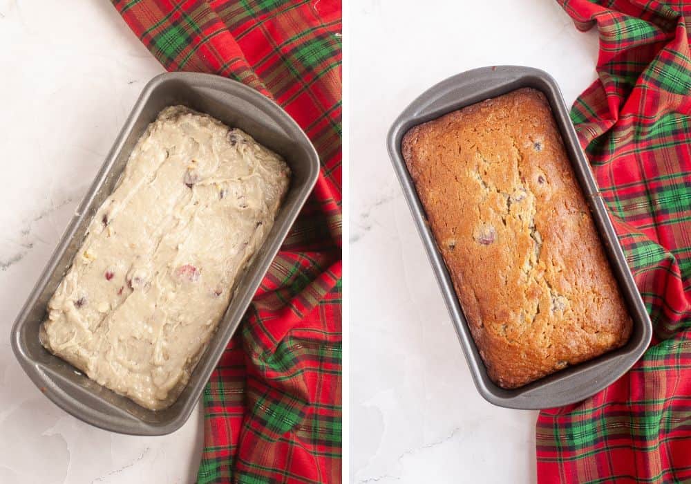 two photos; one shows pistachio cranberry bread batter in a loaf pan; the other shows the loaf in the pan after baking.
