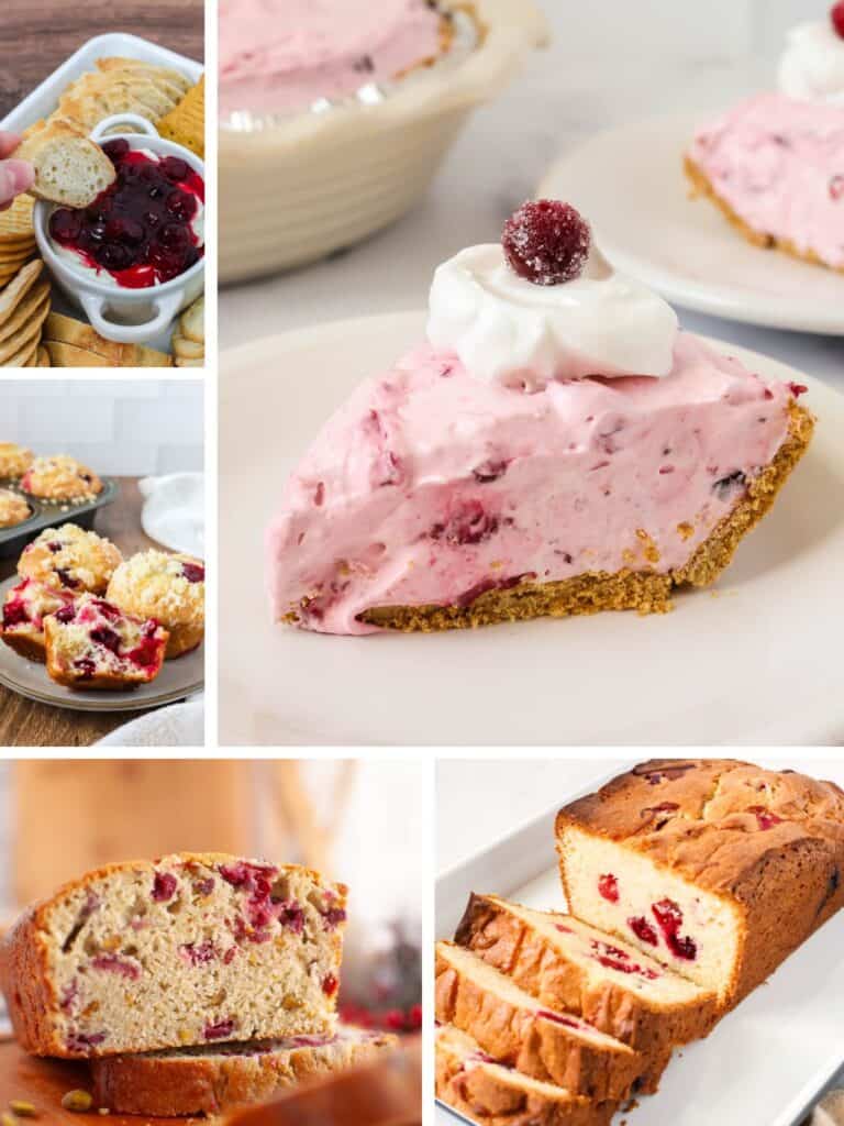 collage image featuring five photos of cranberry recipes for the holidays, including pie, bread, loaf cake, muffins, and dips.