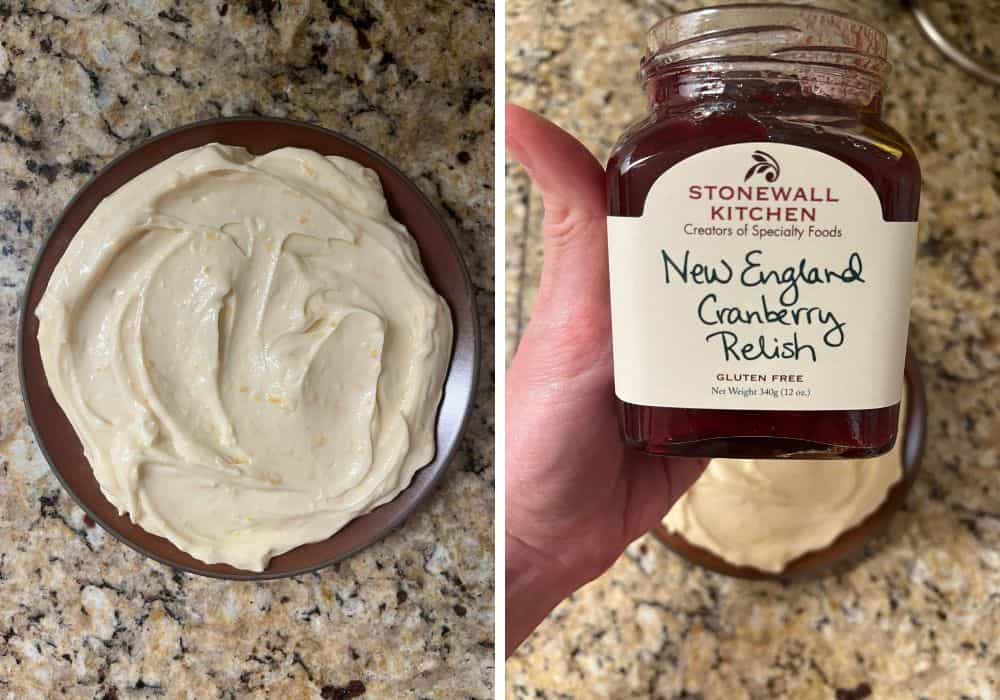 two photos; one shows orange honey cream cheese spread on an appetizer plate; the other shows a jar of New England Cranberry Relish from Stonewall Kitchen.