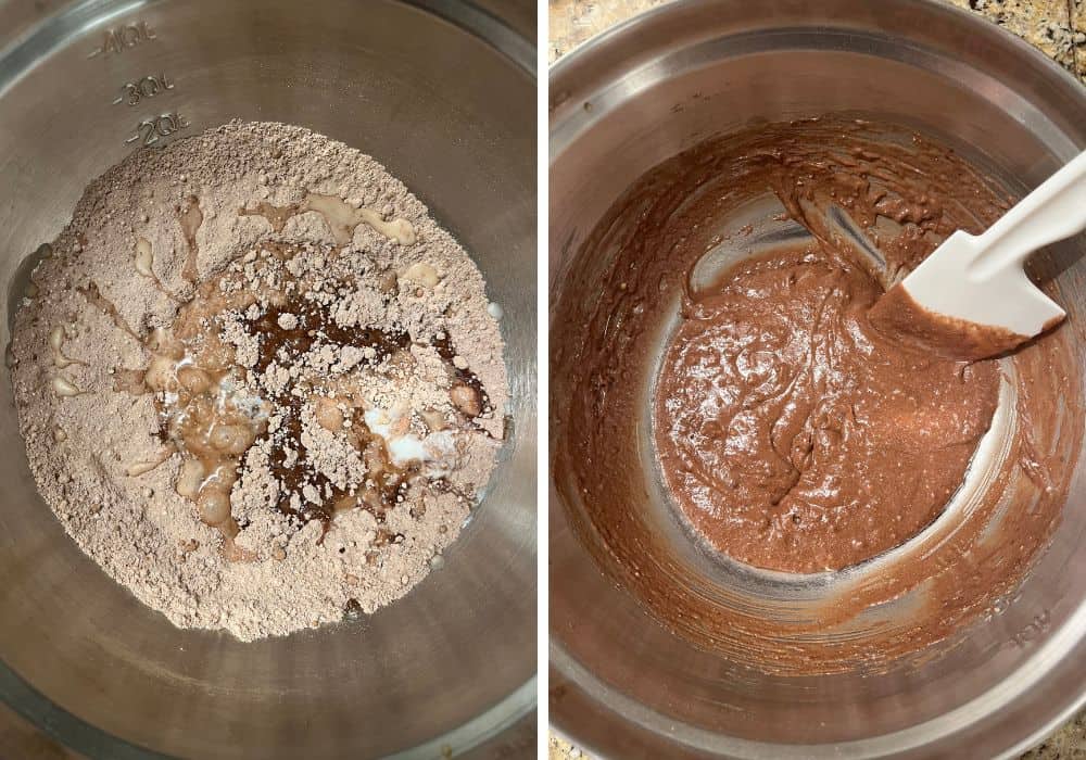 two photos; one shows ingredients for chocolate cobbler batter in a mixing bowl; the other shows the ingredients mixed into a batter.