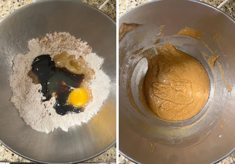 two photos; one shows Bisquick spices, molasses, applesauce, milk, and egg in a bowl; the other shows the ingredients mixed into a batter for gingerbread donut holes.