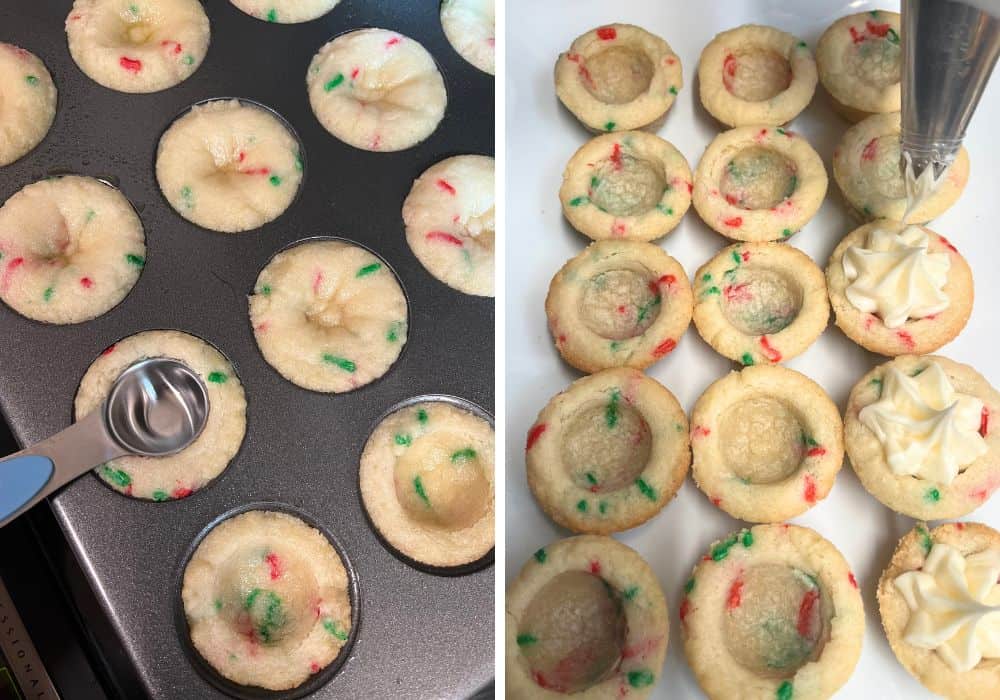 two photos; one shows a spoon being pressed into the center of freshly baked red and green cookie cups for Christmas. The other photo shows frosting being piped into the center of the cookie cups.