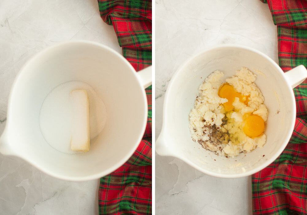 two photos; one shows butter and sugar in a white mixing bowl; the other shows eggs and extract added to the bowl.