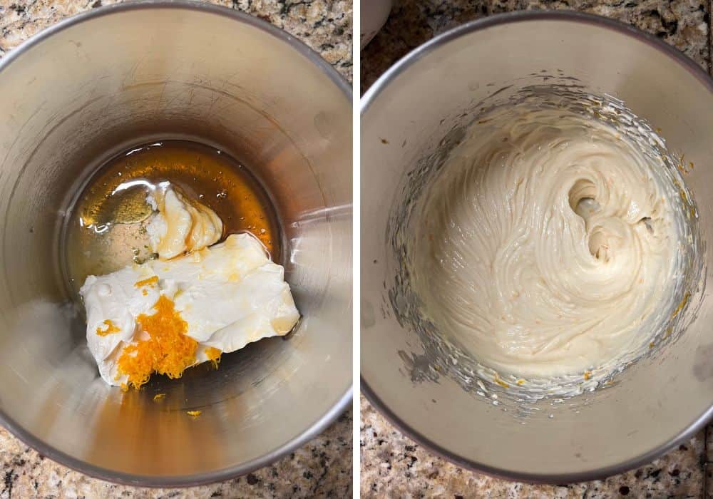 two photos; one shows cream cheese, orange zest, orange juice, and honey in a mixing bowl; the other shows the ingredients beaten together until smooth.