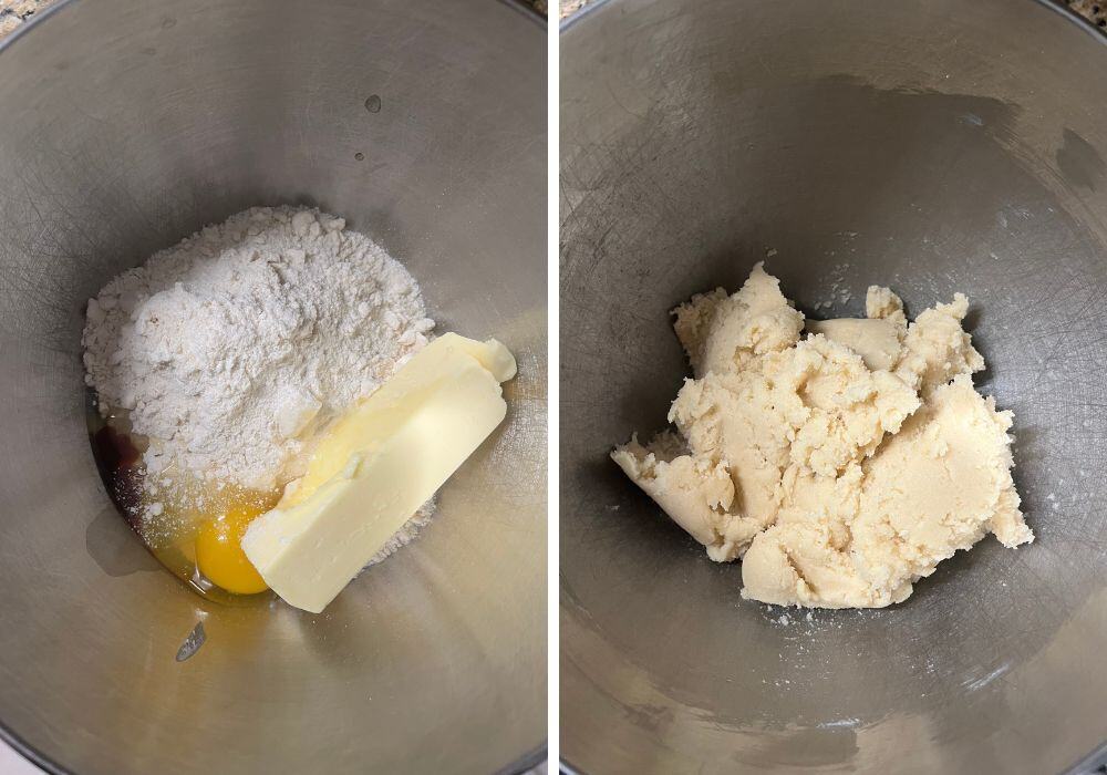 two photos; one shows butter, egg, and vanilla extract added to sugar cookie mix in a mixing bowl; the other shows the ingredients mixed into a soft cookie dough.