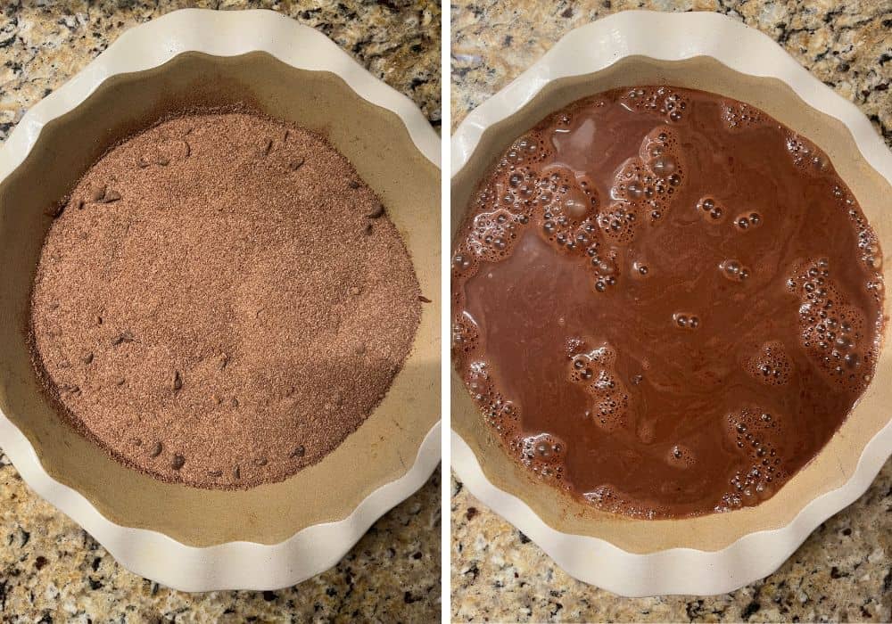 two photos; one shows topping sprinkled over batter for chocolate cobbler; the other shows hot water poured over the top.