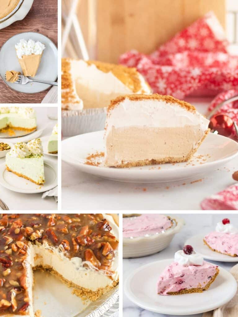 collage image featuring five no-bake Christmas pie recipes, including pumpkin pie, pistachio pie, gingerbread pie, pecan pie cheesecake, and cranberry cream pie.