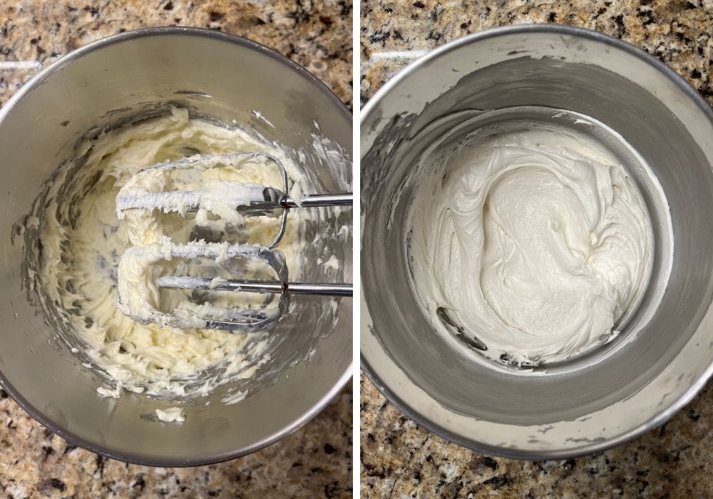 two photos; one shows cream cheese and butter beaten together in a small mixing bowl; the other shows powdered sugar and vanilla extract beaten in, creating the cream cheese frosting for the pumpkin bars.