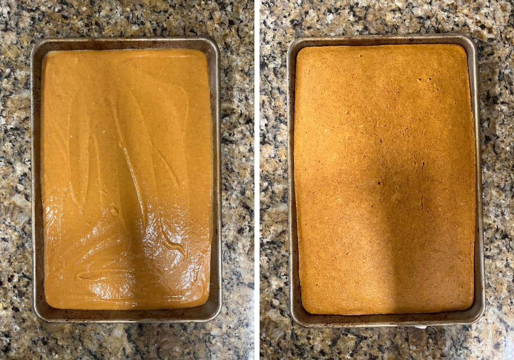 two photos; one shows pumpkin bar batter in a jellyroll pan; the other shows the sheet cake after baking.