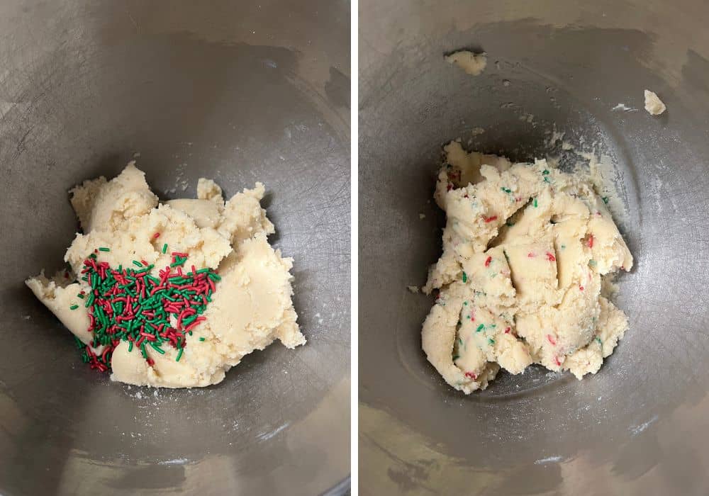 two photos; one shows red and green jimmies sprinkles added to the sugar cookie dough; the other shows the sprinkles mixed into the dough.