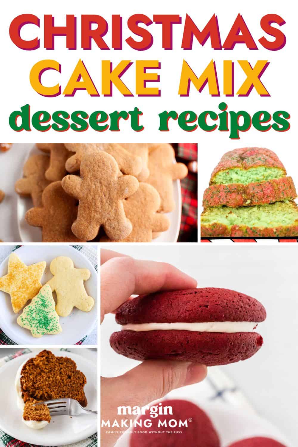collage image featuring cake mix Christmas recipes, including cookies, cakes, and quick breads.