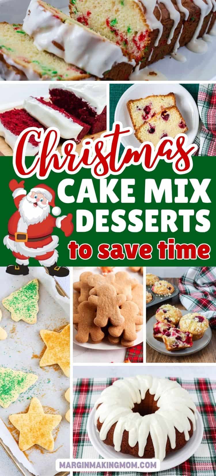 collage image featuring seven different photos of Christmas cake mix recipes.