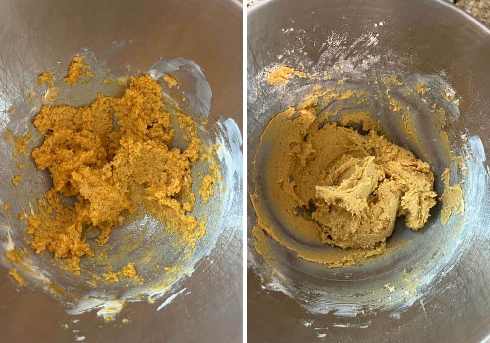 two photos; one shows wet ingredients combined in a mixing bowl; the other shows the pumpkin snickerdoodle dough after mixing in the dry ingredients.