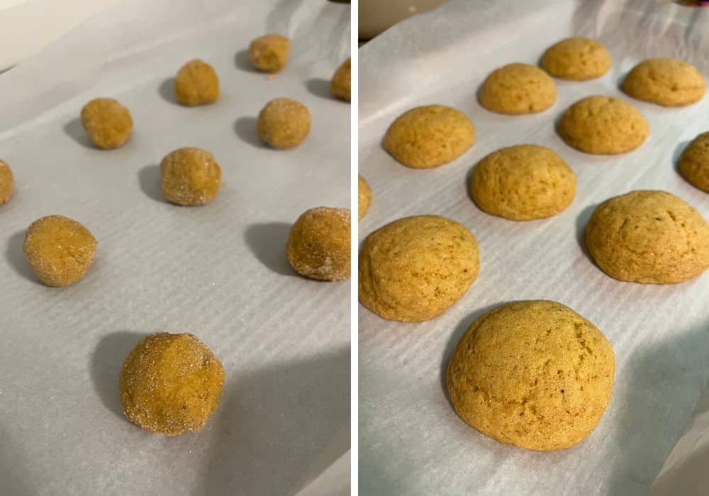 two photos; one shows pumpkin snickerdoodle cookie dough rounds on a parchment-lined baking sheet; the other shows the freshly baked cookies on the baking sheet.