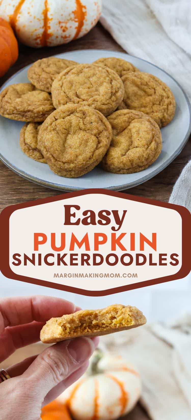 two photos; one shows several pumpkin spice snickerdoodles on a plate; the other shows a hand holding a pumpkin cookie with a bite taken out of it.