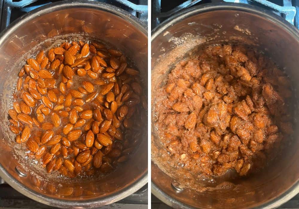 two photos; one shows almonds cooking in a cinnamon sugar mixture on the stove top; the other shows the almonds after the sugar has started to crystallize.