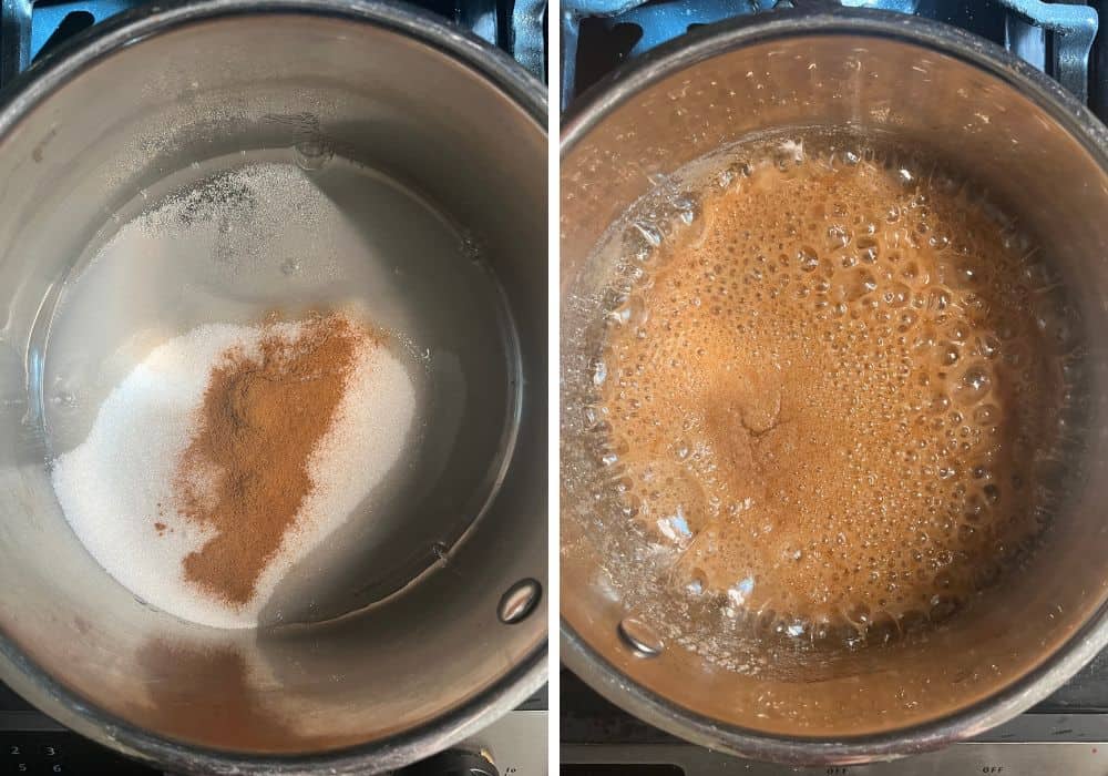 two photos; one shows cinnamon, sugar, and water in a saucepan; the other shows the mixture boiling.
