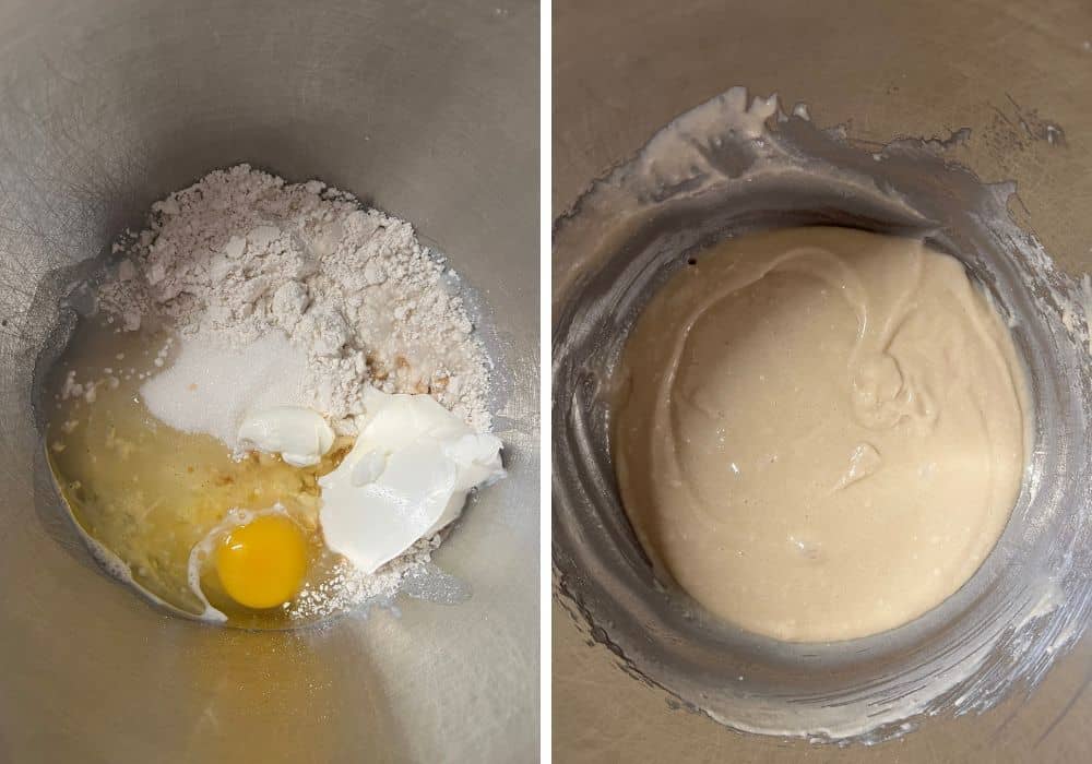 two photos; one shows ingredients for baked donut batter in a mixing bowl; the other shows the ingredients mixed together into a smooth batter.