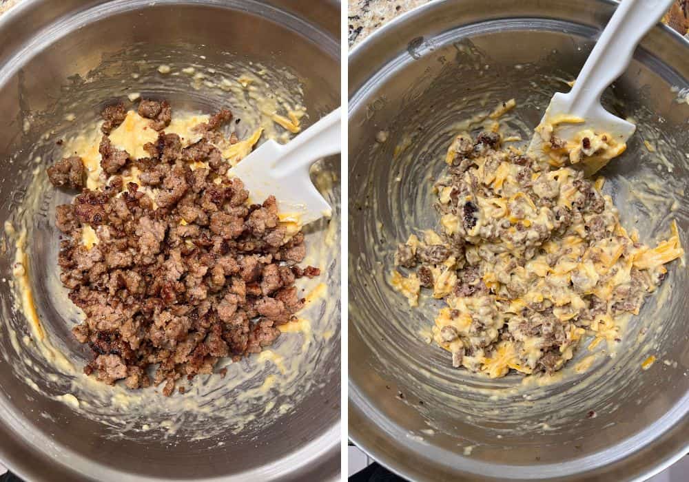 two photos; one shows ground sausage added to the muffin mixture; the other shows the sausage stirred into the batter.