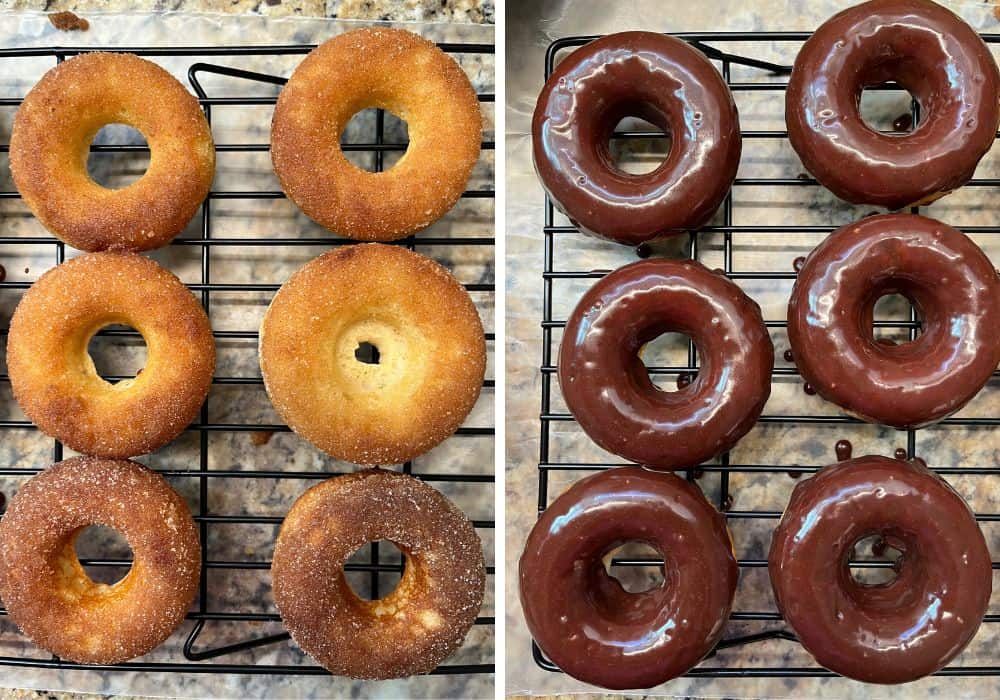 two photos; one shows six Bisquick baked donuts coated with cinnamon sugar; the other shows six cake donuts topped with chocolate glaze.