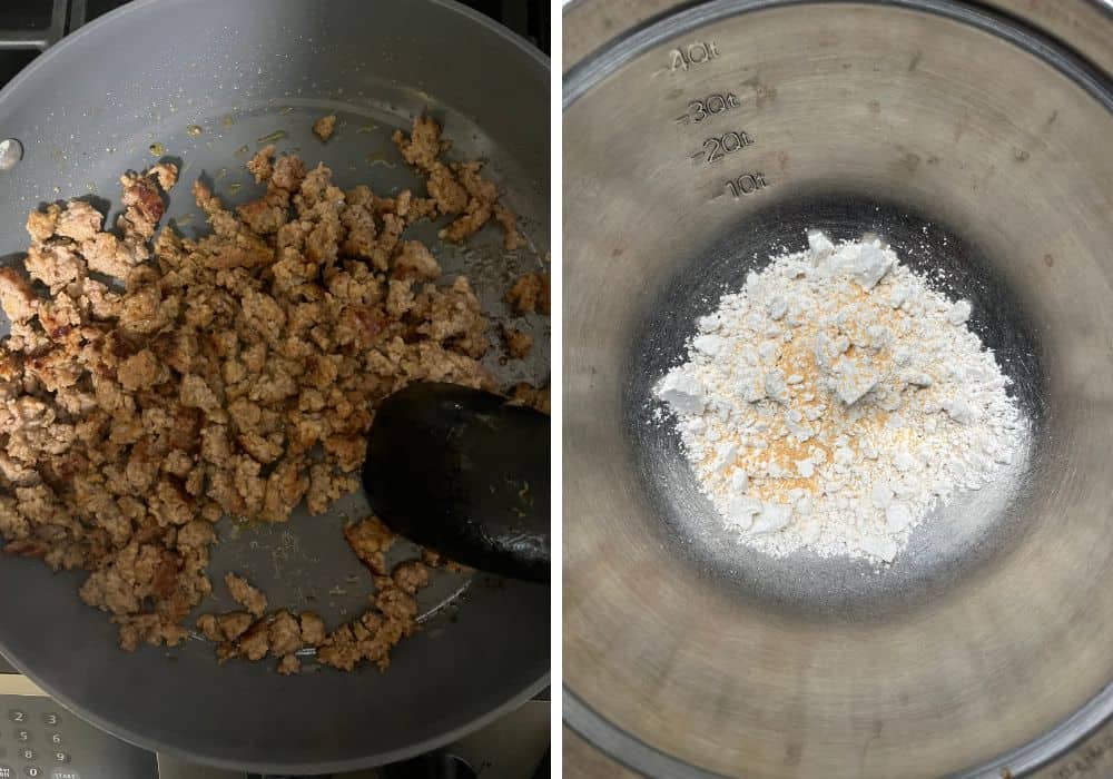 two photos; one shows ground sausage being cooked in a skillet; the other shows Bisquick and garlic powder in a mixing bowl.