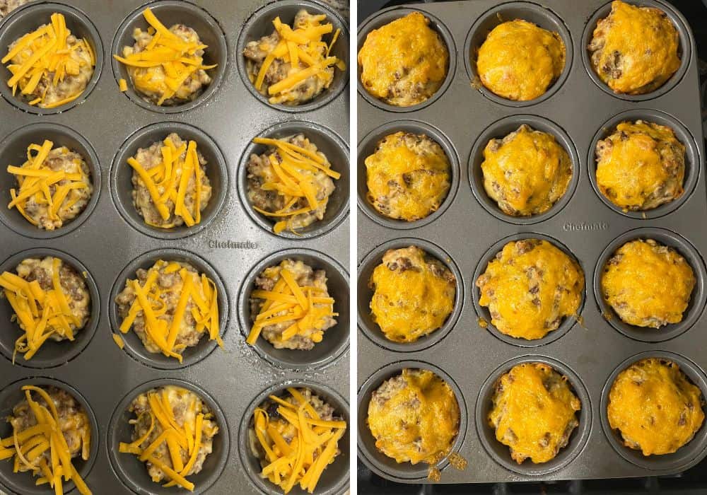 two photos; one shows the muffin mixture in the wells of a muffin pan, sprinkled with shredded cheese. The other shows the muffins in the pan after baking.