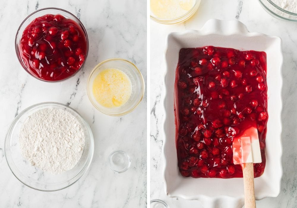 two photos; one shows ingredients for cobbler arranged in glass bowls; the other shows a spatula spreading canned pie filling on the bottom of a white baking dish.