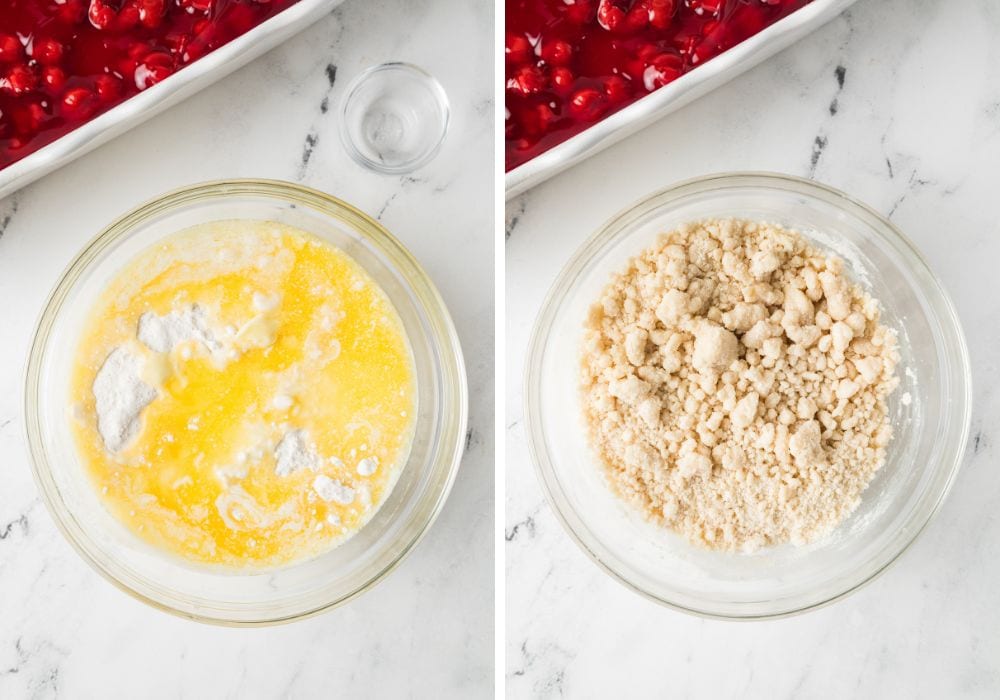 two photos; one shows ingredients for cobbler topping in a glass bowl; the other shows the ingredients mixed together to form a crumble.