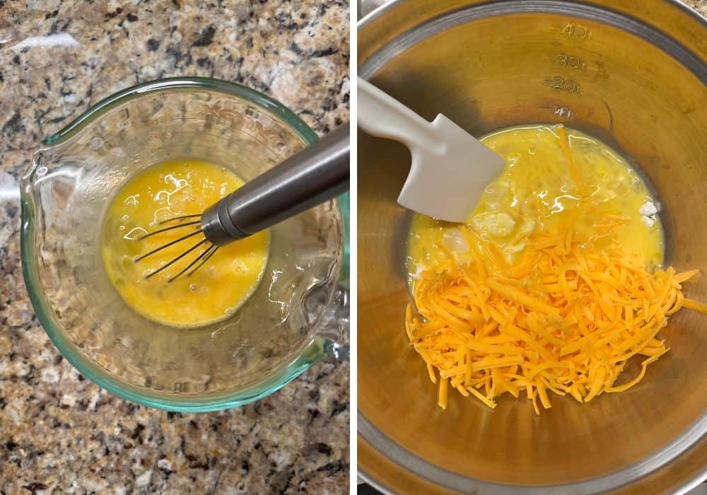 two photos; one shows beaten eggs in a liquid measuring cup; the other shows a mixing bowl containing beaten eggs, Bisquick, garlic powder, and shredded cheese.