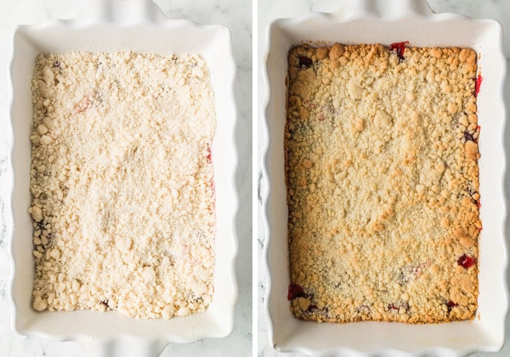 two photos; one shows cake mix crumble sprinkled over cherry pie filling in a white baking dish; the other shows the baking dish of cobbler after being baked in the oven.
