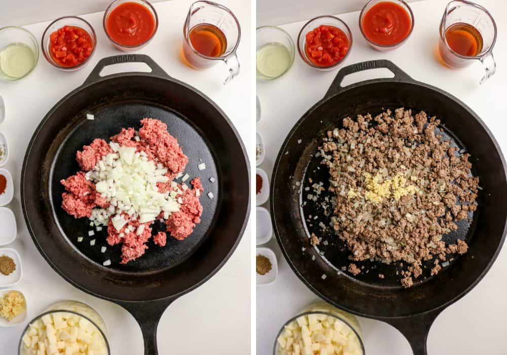 two photos; one shows ground beef and diced onions in a cast iron skillet; the other shows minced garlic added to the cooked beef and onions.