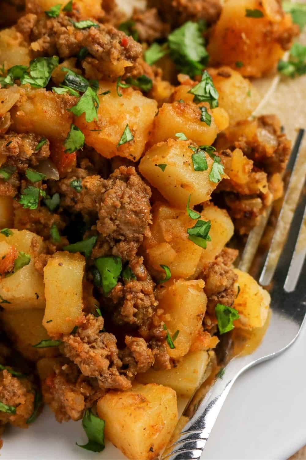 close-up view of stove top ground beef and potatoes.