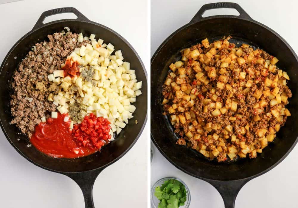 two photos; one shows browned ground beef, diced potatoes, seasonings, tomato sauce, and diced tomatoes in a cast iron skillet; the other shows the mixture once it's cooked through.