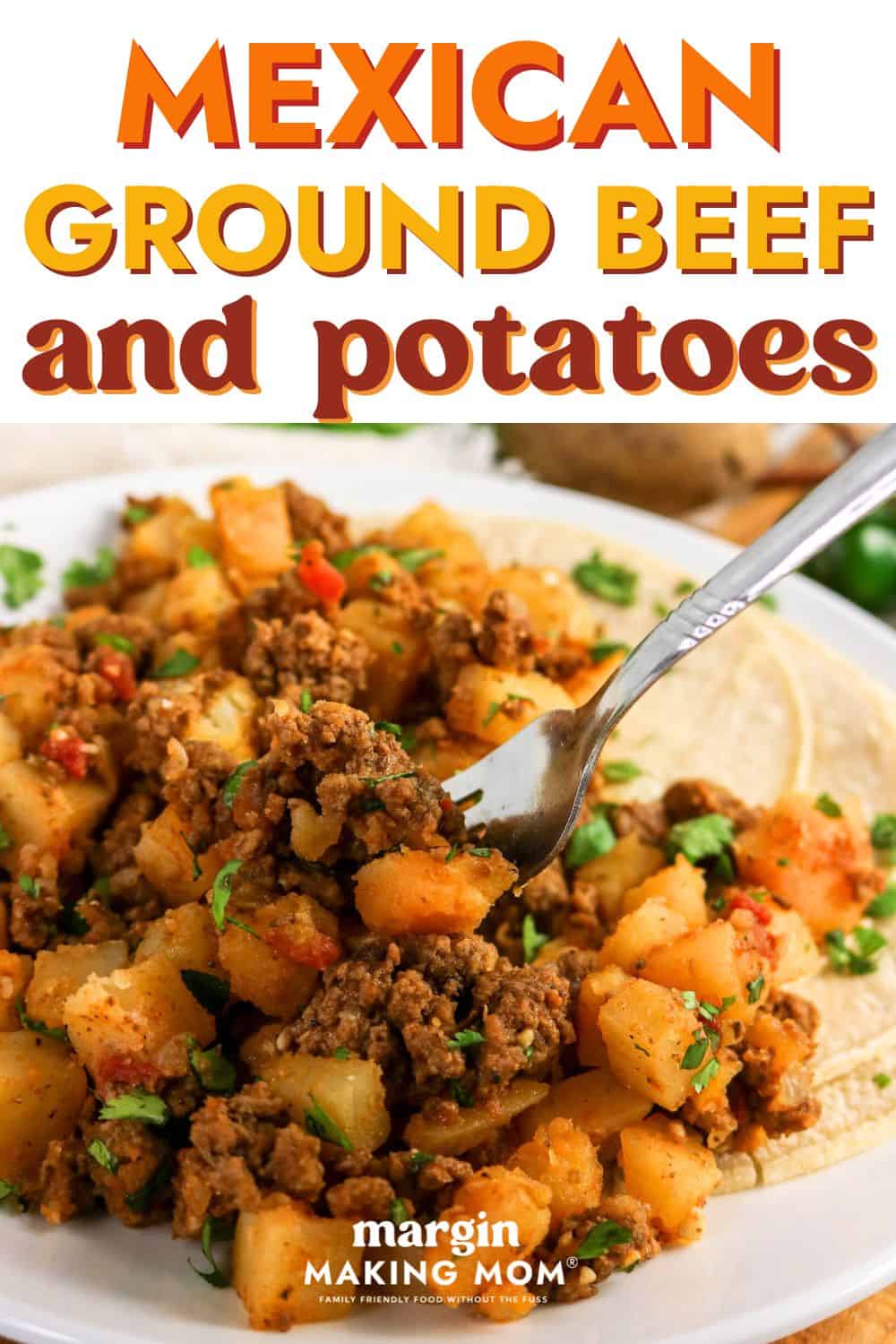 Mexican ground beef and potatoes on a white plate, with a fork scooping out a bite.