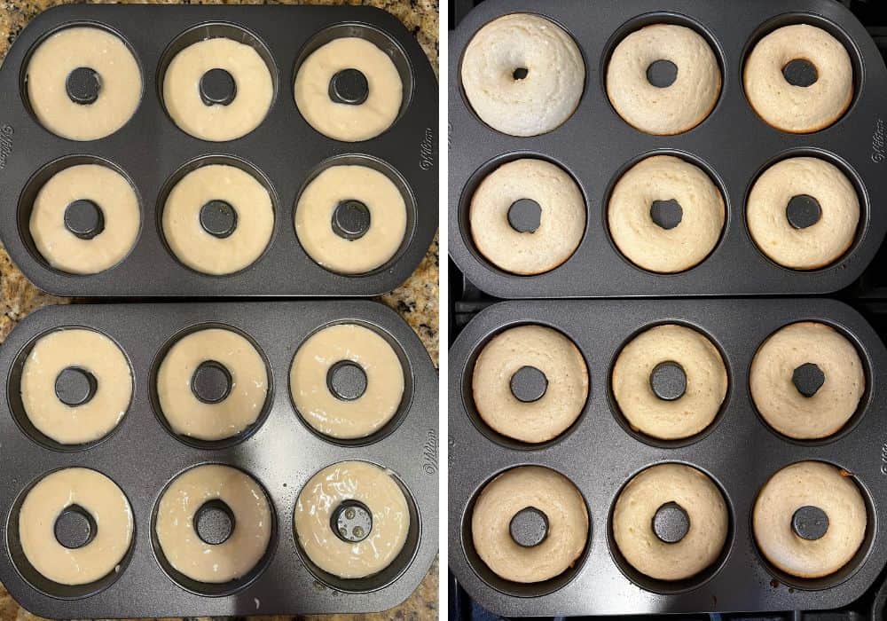 two photos; one shows two donut pans filled with donut batter; the other shows the donut pans with freshly baked donuts in them.