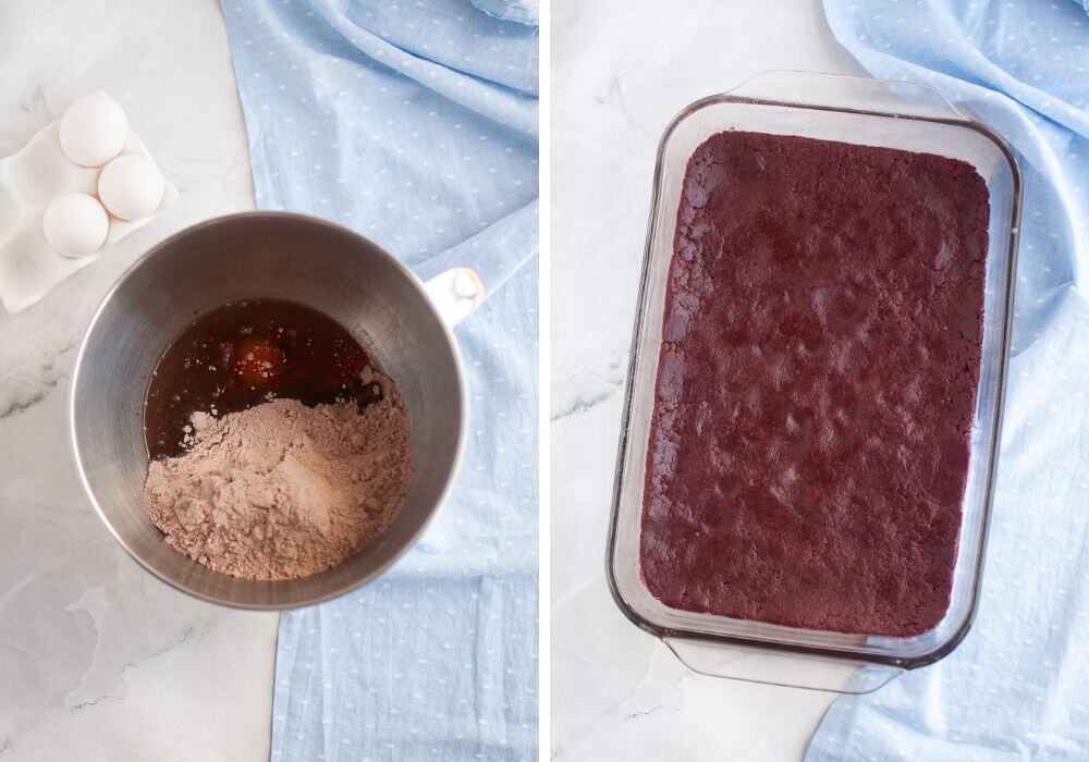 two photos; one shows ingredients for the red velvet base in a mixing bowl; the other shows the mixture pressed into the bottom of a 9x13" glass pan.