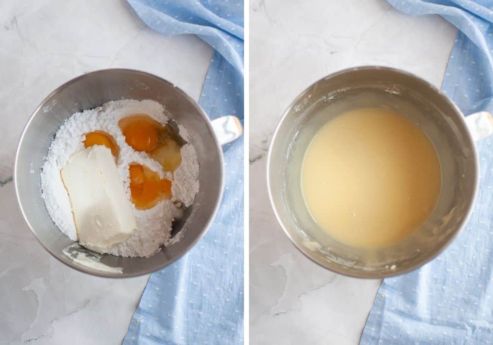 two photos; one shows ingredients for the cream cheese filling in a mixing bowl; the other shows the ingredients beaten together until smooth.