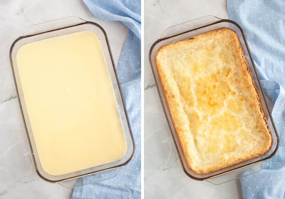 two photos; one shows the unbaked ingredients in a 9x13" pan, ready to be baked. The other shows the same pan freshly out of the oven.