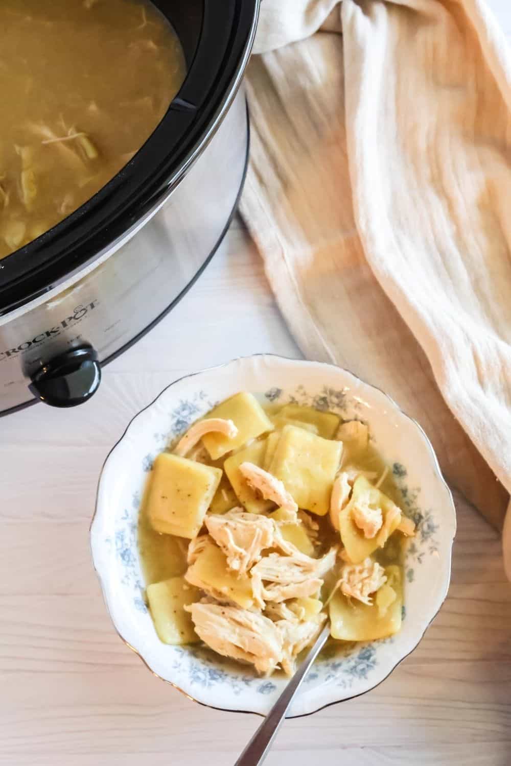 overhead view of a blue and white bowl serving Crock Pot chicken and flat dumplings; the slow cooker is in the background.