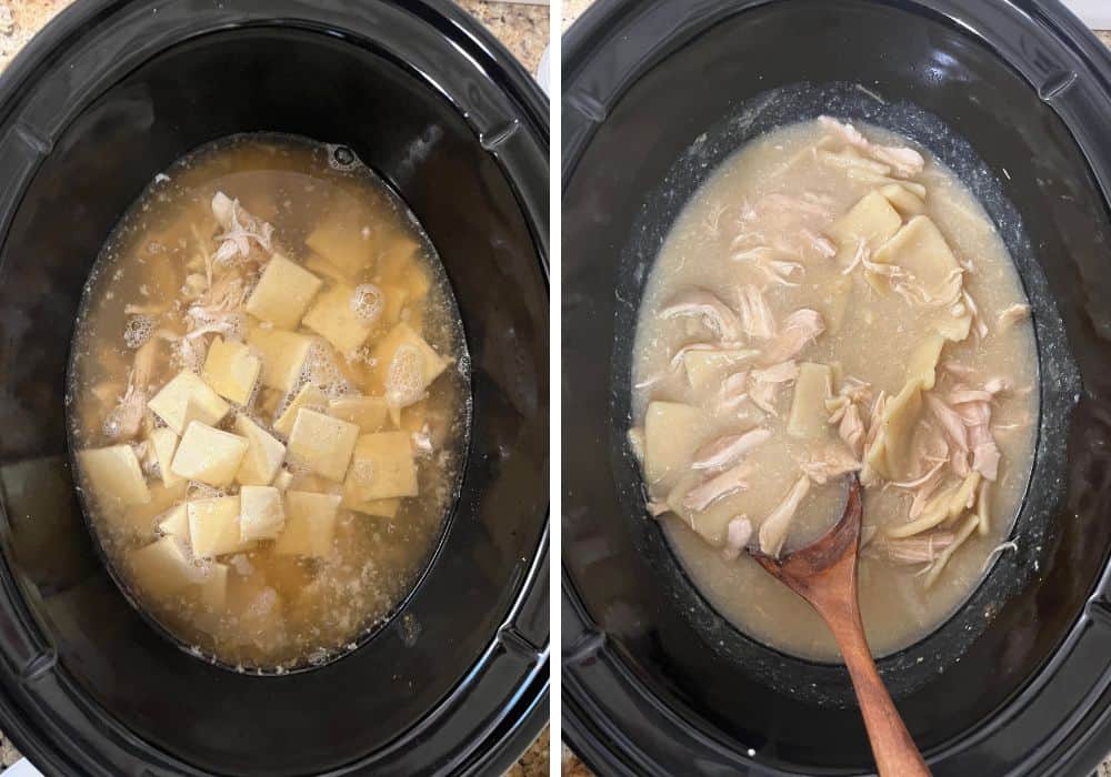 two photos; one shows the frozen dumplings added to the broth and shredded chicken in the slow cooker; the other shows the mixture after cooking the dumplings and thickening the broth with cornstarch.