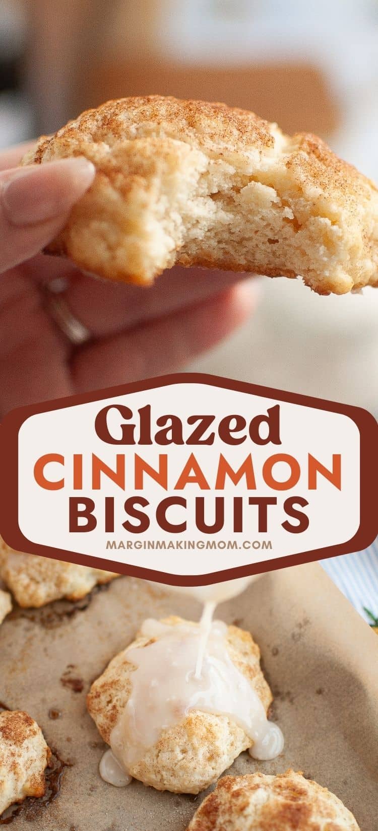two photos; one shows a hand holding a cinnamon sugar biscuit with a bite taken out of it; the other shows glaze being poured over the biscuits.