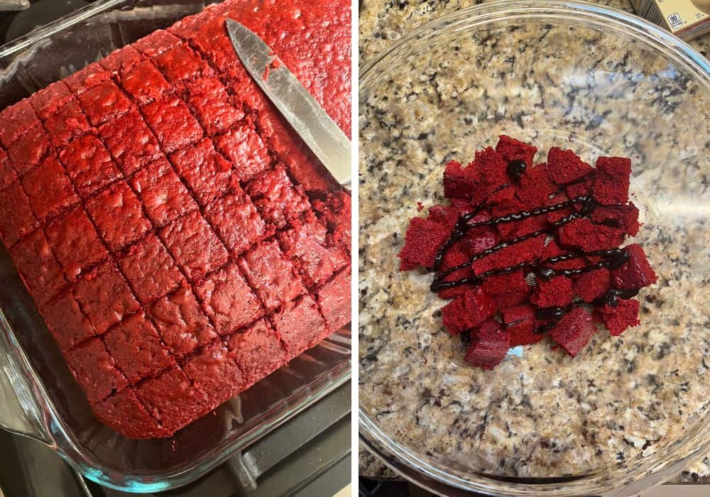 two photos; one shows red velvet cake cut into cubes; the other shows cubes of cake topped with a chocolate drizzle.